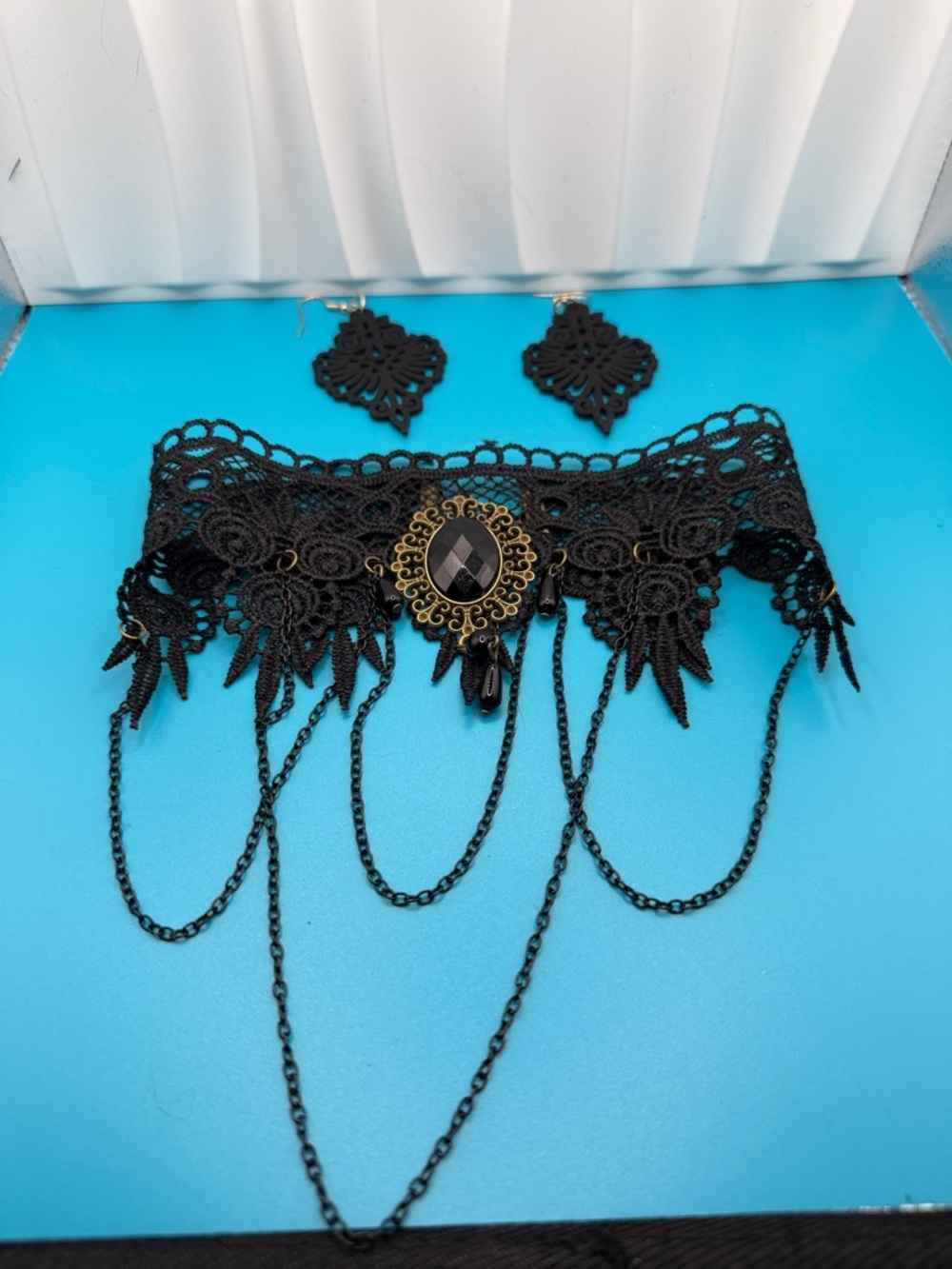 Victorian Black Lace Choker with Filigree Pendant and Chains